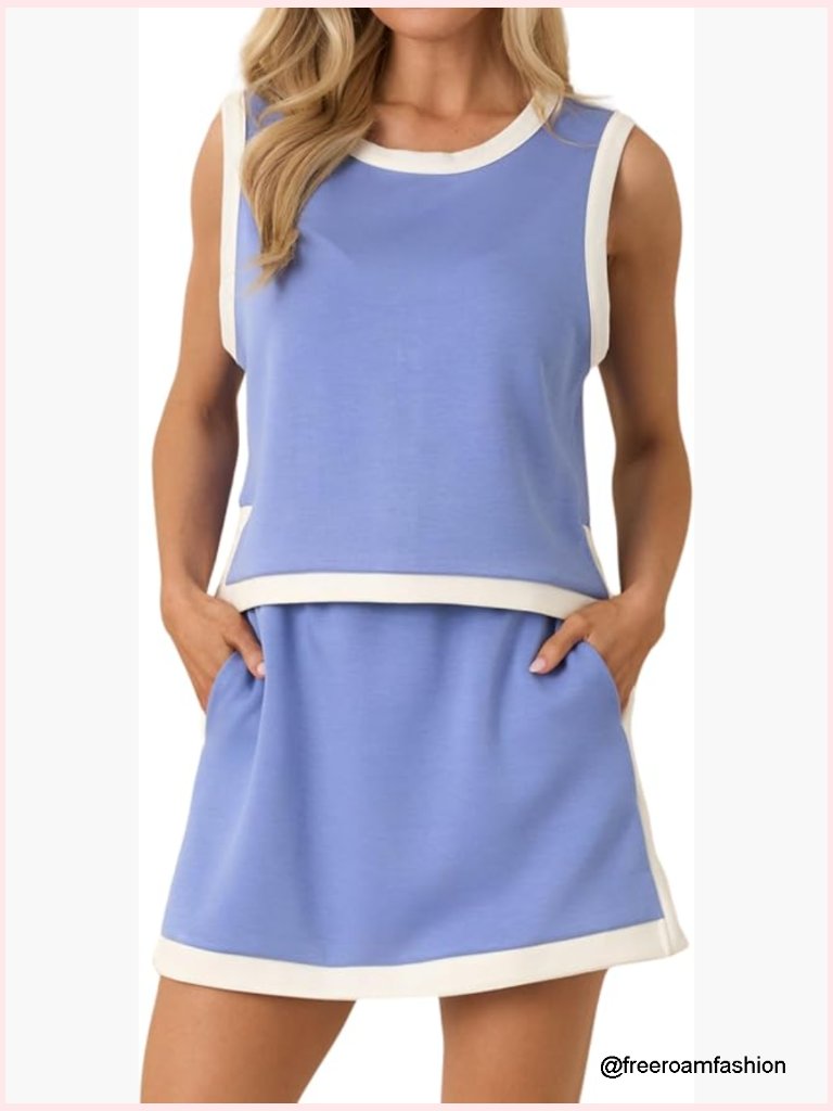 Color Block 2 Piece Skort Set Sleeveless Tank Top Mini Skirt With Pockets